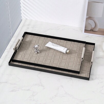 1pc Leather Storage Tray With Lightweight Iron Frame Woven Design, Cosmetics & Jewelry Organizer Box, Fragrance & Lipstick Storage Platter, Decor For Living Room, Bathroom, Bedroom, Rectangular Beige