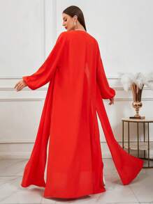 2 件/套纯色重叠 V 领落肩长袖土耳其和阿拉伯传统长袍和裤子，朴素长袍套装，度假装，海滩度假装 - 橘色 - 查看 4