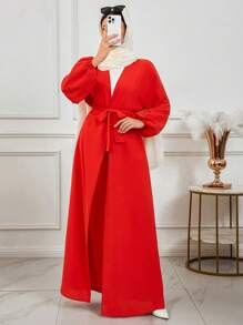 2 件/套纯色重叠 V 领落肩长袖土耳其和阿拉伯传统长袍和裤子，朴素长袍套装，度假装，海滩度假装 - 橘色 - 查看 6