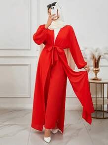 2 件/套纯色重叠 V 领落肩长袖土耳其和阿拉伯传统长袍和裤子，朴素长袍套装，度假装，海滩度假装 - 橘色 - 查看 7