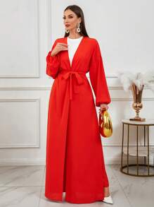 2 件/套纯色重叠 V 领落肩长袖土耳其和阿拉伯传统长袍和裤子，朴素长袍套装，度假装，海滩度假装 - 橘色 - 查看 5