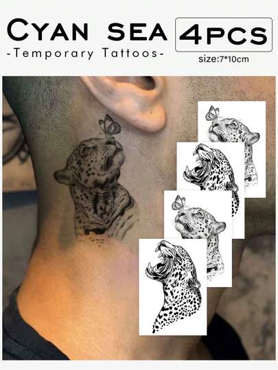 Cyan sea 1 件/4 件防水防汗不反光临时纹身，黑虎、豹子、蝴蝶系列，适合时尚人士，逼真的假纹身，带有英文艺术短语，派对礼品和创意礼物