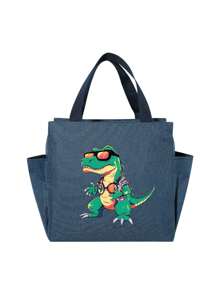 卡通恐龙印花保温午餐袋 - 双层设计，厚铝箔，拉链封口，帆布衬里，时尚野餐袋，完美的礼物选择