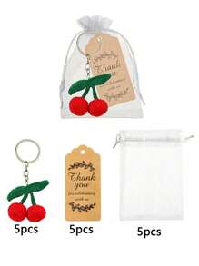 30 Stück/15 Stück Kirsche Schlüsselanhänger mit Danke Karten als Party Favors Set, enthält 5 handgemachte Kirsche Schlüsselanhänger aus Wollfilz, 5 braune Dankeschön-Anhänger und 5 weiße Zugbeutel, geeignet für Geburtstag, Hochzeit, Neujahr, Muttertag, Taufe und Obst-Themen Party, kleine Partygeschenke