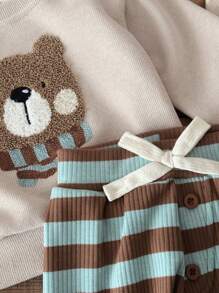 2 件套男婴熊刺绣长袖运动衫和裤子套装，春夏 - 棕色 - 查看 6