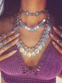 1 件复古硬币和流苏吊坠项链，波西米亚海滩风格，适合女性日常佩戴 - 銀色 - 查看 10