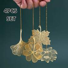 4pcs/1pc Metal Leaf & Flower Bookmarks, Bookmark Set, Maple Leaf, Four-Leaf Clover, Lotus, Ginkgo Leaf Bookmarks With Pendant Chain, Suitable For Book Lovers, Writers, Readers, Birthday, Graduation, Holiday, Valentine's Day, Wedding, Back To School, Teacher Supplies, Bible, Study Supplies, Christmas Gifts - Gold - View 5