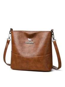 1pc Plain Color PU Leather Large Capacity Lightweight Crossbody Bag With Kangaroo Metal Decor, Suitable For Women Everyday Use, Versatile - Brown - View 5