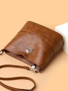 1pc Plain Color PU Leather Large Capacity Lightweight Crossbody Bag With Kangaroo Metal Decor, Suitable For Women Everyday Use, Versatile - Brown - View 3