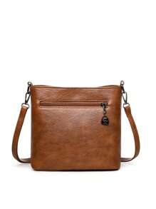 1pc Plain Color PU Leather Large Capacity Lightweight Crossbody Bag With Kangaroo Metal Decor, Suitable For Women Everyday Use, Versatile - Brown - View 7