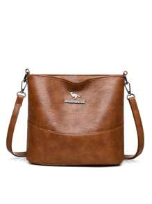 1pc Plain Color PU Leather Large Capacity Lightweight Crossbody Bag With Kangaroo Metal Decor, Suitable For Women Everyday Use, Versatile - Brown - View 4