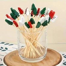 50/100pcs/Pack Christmas Pattern Bamboo Skewers, Christmas Tree, Santa Claus, Snowman Cake Toppers, Holiday Supplies, Disposable Artistic Toothpicks, Fruit Dessert Forks, Fruit Picks, Suitable For Christmas Parties, Perfect Gift - Multicolor - View 7
