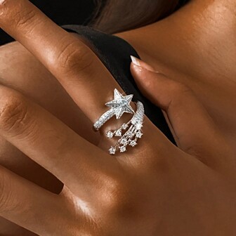 925 Sterling Silver Star Zirconia Ring, Unique Design Meteor Lightweight Luxury Elegant Women's Open Ring, Suitable For Daily, Party, Holiday, Gift For Lover, Friend, Family