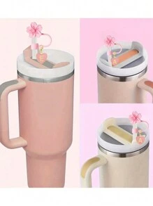 A2pcs/1set Heart & Letter Pomegranate Flower Straw Topper, Pink Cup Letter Marker, And Reusable Silicone Flower Straw Cover Caps For 10mm Diameter Straw, Cute Letter & Flower Decorations For Modern Minimalist Glass Cups, Cup Accessories, Holiday Party Gifts, Mother's Day Gift - Pink - View 3