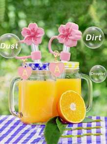 A2pcs/1set Heart & Letter Pomegranate Flower Straw Topper, Pink Cup Letter Marker, And Reusable Silicone Flower Straw Cover Caps For 10mm Diameter Straw, Cute Letter & Flower Decorations For Modern Minimalist Glass Cups, Cup Accessories, Holiday Party Gifts, Mother's Day Gift - Pink - View 4