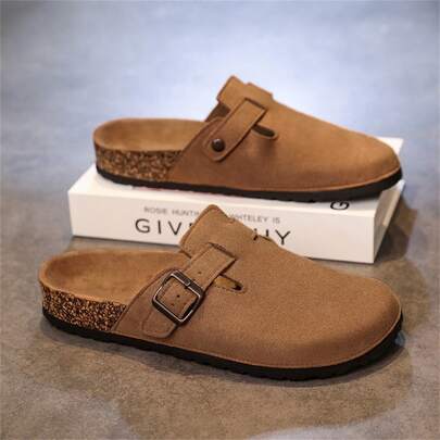 Men's Wooden Slide Sandals, Slip On Soft Cork Summer Slippers, Casual Closed Toe Shoes For Office & Beach, Plus Size