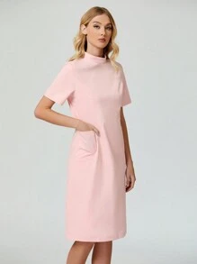 cimmuovere 舒适拉链短袖实用工作磨砂连衣裙，护士连衣裙，适合医疗保健，牙科，美容诊所，心理学家，私人护理 - 粉色 - 查看 6