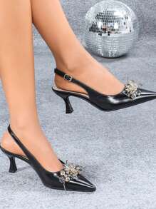 Women's Pointed Toe Crystal Diamond Ankle Strap Black High Heel Shoes, Sexy, Fashionable, Elegant For Party