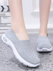大码女士休闲运动鞋，透气针织鞋 - 灰色 - 查看 4