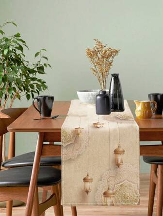 1 件开斋节穆桌旗蓝金斋月星月桌布涤纶桌布装饰适用于伊斯兰派对装饰