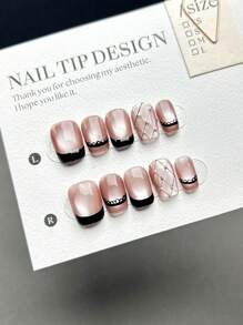 10pcs/Set Handmade Short Trapezoid-Shaped Nail Tips With Lace Trim Black Plaid, Glossy Yuzu-Color Chameleon Effect, Fashion & Versatile Luxurious Minimalist Style, Suitable For Women And Girls Daily Wear, Includes Full Nail Set Nails