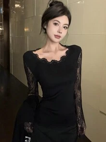 Autumn/Winter New Sexy Lace Patchwork Knit Slim Fit Camisole Top - Black - View 4