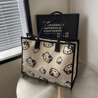 Bolso de lona multifuncional de gran capacidad con diseño de gato de dibujos animados Sanrio Hello Kitty, bolso de compras lindo y Kawaii de gran capacidad y estilo bohemio para mujer
