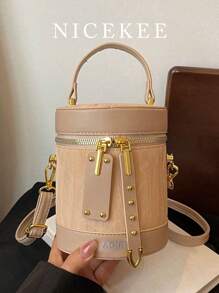 女士时尚小众圆柱形手提包水桶包新款高端单肩斜挎包零钱包 - 多功能小众纹理链条斜挎包，适合约会、购物、外出、通勤、日常搭配、办公、度假 - 卡其色 - 查看 2