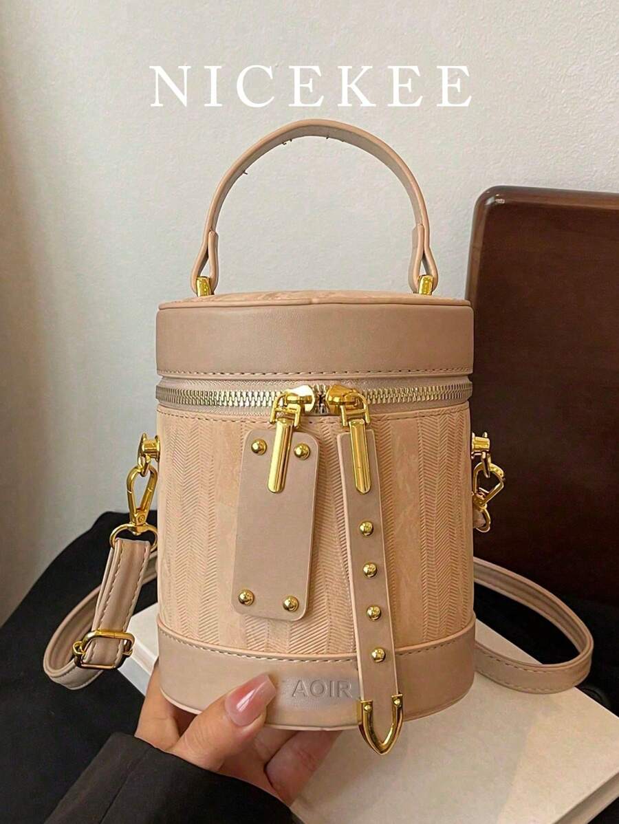 女士时尚小众圆柱形手提包水桶包新款高端单肩斜挎包零钱包 - 多功能小众纹理链条斜挎包，适合约会、购物、外出、通勤、日常搭配、办公、度假