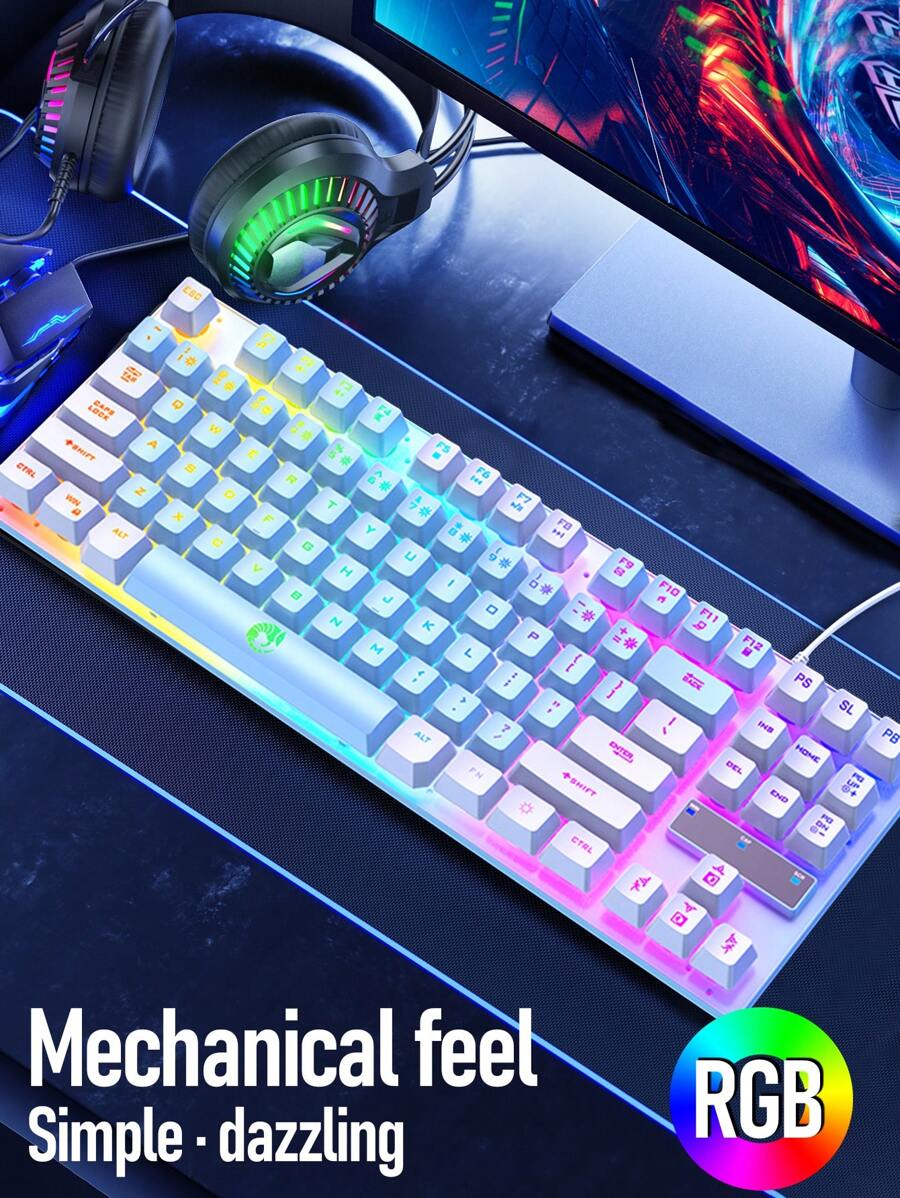 Fashionable Wired K87 Membrane Mechanical Feel Keyboard, USB Rainbow Backlit Dual-Tone Color Gaming Keyboard For Desktop & Laptop - Multicolor - View 1