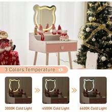 Karl Home 2 In 1 Kids Vanity Set With Lighted Mirror, Bear-Shaped Pretend Play Makeup Dressing Table With Large Drawer & Storage Shelf, Toddler Vanity Table & Chair Set For Little Girls, Pink Gifts