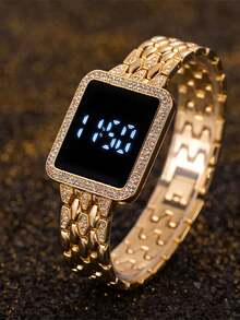 1pc Women's Casual Simple Fashion Digital Dial Fishscale Steel Band Rectangular Crystal Decorated Electronic Watch - Gold - View 1