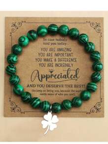 1pc Green Turquoise Beaded Bracelet With Stainless Steel Four-Leaf Clover Pendant, Suitable For Men's Daily Wear, Perfect Gift For St. Patrick's Day