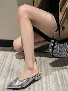French Elegant Pointed Toe Woven Slip-On Mules For Women, Mid Heel Silver Color Slide Sandals