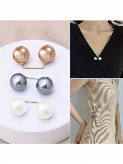 3pcs Random Colors Elegant Faux Pearl Design Clothes Pegs: White, Champagne And Light Grey - Perfect To Add A Touch Of Elegance To Your Outfit,Belt
