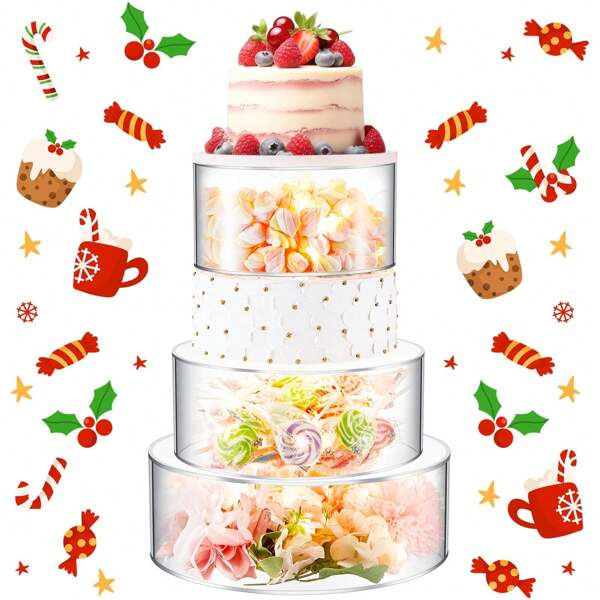 3 Pcs Acrylic Cake Stand 6 Inch, 8 Inch, 10 Inch Clear Fillable Cake Riser Round 3 Tier Case Cylinder Box For Christmas Wedding Birthday Xmas Holiday Party Display, 3 Sizes