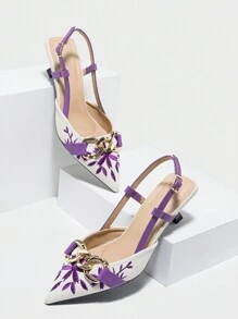 女士链条装饰刺绣花朵图案尖头露跟小猫跟穆勒鞋，时尚舒适露跟正装鞋，适合优雅派对、正式场合、办公室穿着，适合春、夏、秋、冬，紫色低跟鞋，优雅，女式浅口鞋 - 紫色 - 查看 5