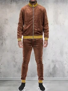 Mens Baroque Velour Suede Status Tape Zip Up Track Jacket Two Piece Co-Ord Set - Brown Gold - View 2