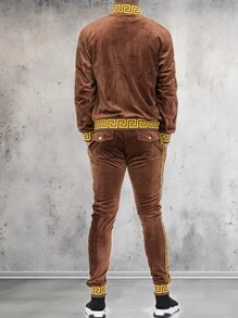 Mens Baroque Velour Suede Status Tape Zip Up Track Jacket Two Piece Co-Ord Set - Brown Gold - View 3