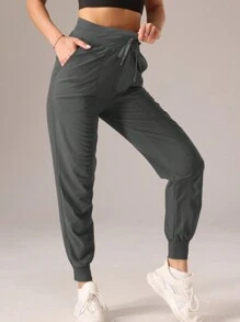 1pc Women Sports Style Pleated Solid Color Casual Pants