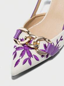 女士链条装饰刺绣花朵图案尖头露跟小猫跟穆勒鞋，时尚舒适露跟正装鞋，适合优雅派对、正式场合、办公室穿着，适合春、夏、秋、冬，紫色低跟鞋，优雅，女式浅口鞋 - 紫色 - 查看 7
