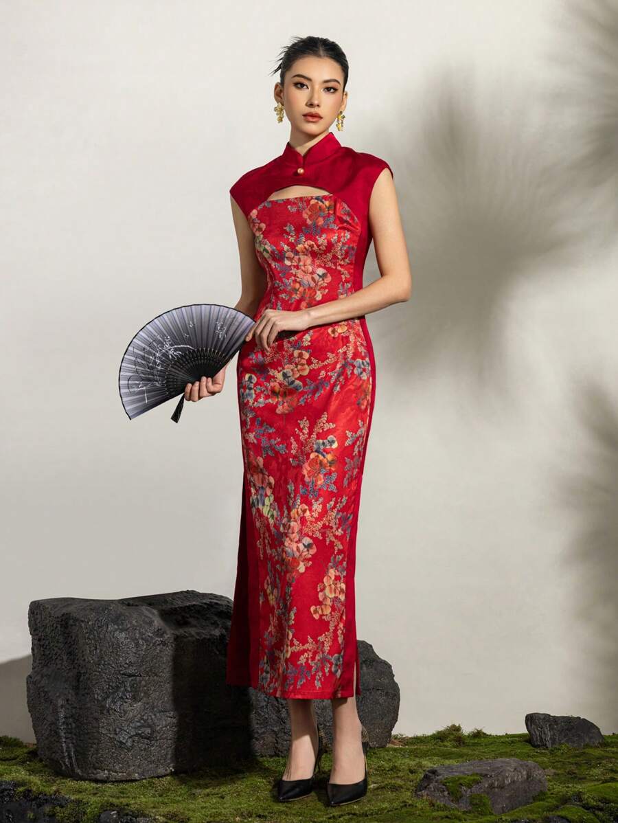 无袖花卉图案撞色新中式旗袍连衣裙