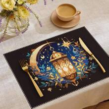 Juego de manteles individuales de Ramadán Kareem de 1/2/4 piezas, manteles individuales de Eid Mubarak de 12x18 pulgadas con lámpara de luna y estrella, manteles individuales rústicos de granja para mesa de comedor, muchos diseños y cantidad de manteles individuales