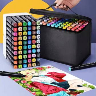 30/48/100/120 kleuren kunstenaarsmarkers, kunstmarkers met dubbele punt, dubbele schetsmarkers, pennen, permanente markers met etui voor kinderen, kleuren, tekenen, schetsen, kaarten maken, illustraties. ALCOHOLMARKERS 48/100/120 STUKS Flamastry Mazaki pennen, dubbelzijdig Pro + TAS Terug naar school