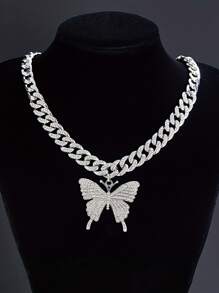 2 件银蝴蝶吊坠链项链和手链套装，男女皆宜的嘻哈珠宝，情人节和母亲节礼物，适合她和他、妈妈、母亲、母亲节、礼物的时尚配饰
