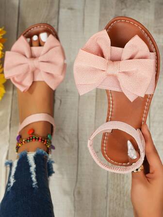 Plus Size Dames Roze Platte Sandalen, PU Verstelbare Band, Mesh Strik Ontwerp, Ronde Neus Open Teen, Modieus & Comfortabel, Geschikt Voor Binnen, Buiten, Casual, Feest, Nieuwe Zomer Slides