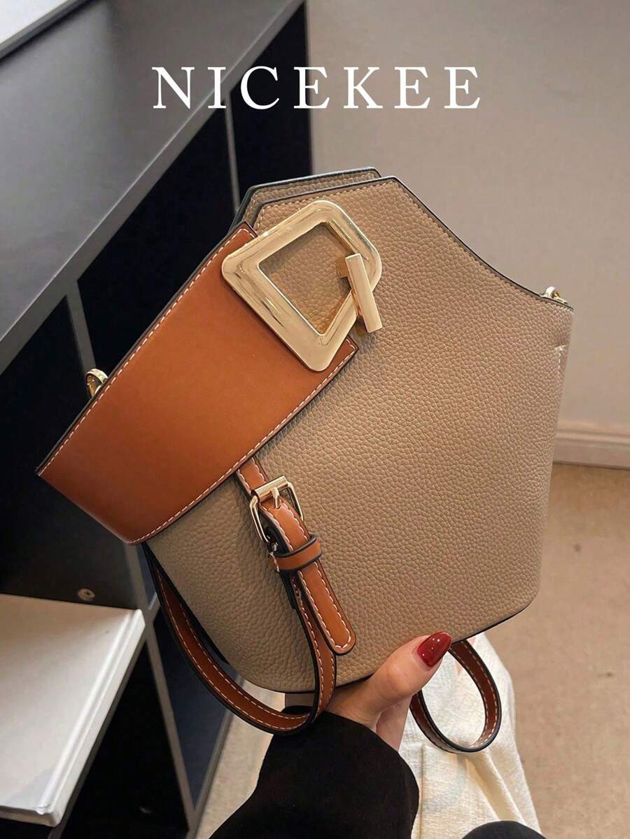 Fashionable And Versatile Contrast Color Handbag, With Adjustable And Detachable Shoulder Strap And Metal Decor, Can Be Worn As Crossbody, Elegant And Minimalist, Suitable For Business Travel, Commuting, Work, Outing, Dating And Shopping. - Khaki - View 1