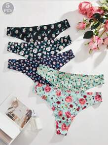 5 Packs Women'S Thong V Strings Sexy Low Rise Briefs With Color Block Floral Panties Soft Breathable Comfort Women's Lingerie Underwear - Multicolor - View 1