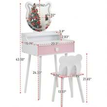 Karl Home 2 In 1 Kids Vanity Set With Lighted Mirror, Bear-Shaped Pretend Play Makeup Dressing Table With Large Drawer & Storage Shelf, Toddler Vanity Table & Chair Set For Little Girls, Pink Gifts