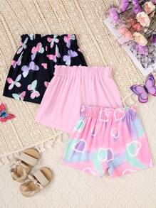 3pcs/Set Young Girl Summer Butterfly & Heart Print Fashionable Casual Shorts